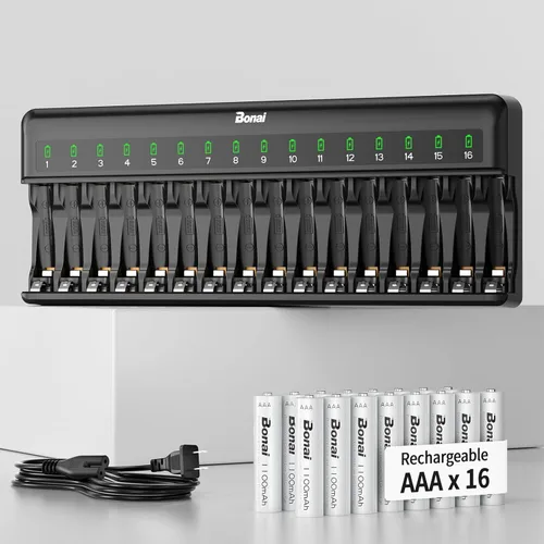 Bonai Baterías AAA recargables con cargador, cargador de batería inteligente rápido de 16 bahías con enchufe de CA americano y baterías triple A de