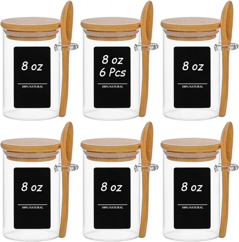 Miniatura 20 de ComSaf Tarros de especias con etiquetas de 4 onzas, paquete de 6 recipientes pequeños para especias, tarros de condimentos de vidrio con tapas