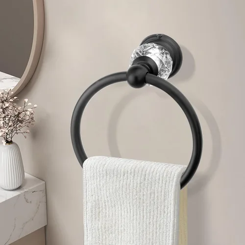 Miniatura 6 de Anillo de toalla de cristal negro, soporte para toallas de baño, negro mate, soporte para toallas de baño, soporte para toalla de mano para baño