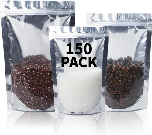 Miniatura 10 de Paquete de 100 bolsas de Mylar para almacenamiento de alimentos, papel de aluminio resellable, bolsa transparente de pie con ventana frontal de 3.94