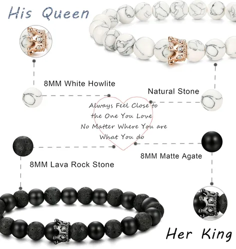 Miniatura 3 de FIBO STEEL Juego de 4 pulseras para parejas para hombres y mujeres, para él y ella, con corona, reina, pulseras de cuentas de 0.315 in, Acero