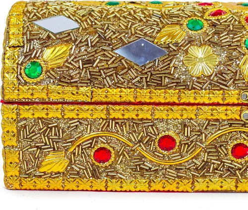 Miniatura 4 de Nagina International - Caja de almacenamiento y organizador de joyas para novia, portátil, para guardar anillos, collares, brazaletes, Madera, Dorado