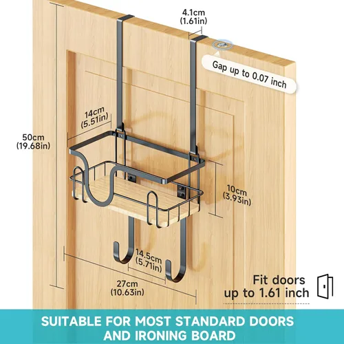 Miniatura 6 de Soporte para tabla de planchar para montaje en pared, colgador de tabla de planchar sobre la puerta con cesta de almacenamiento, soporte de hierro