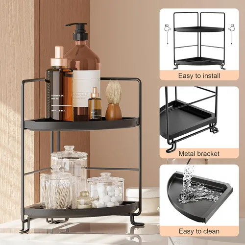 Miniatura 3 de NLBTW Organizador de encimera de baño de esquina de 2 niveles, bandeja de tocador de instalación sin herramientas para el cuidado de la piel, Negro