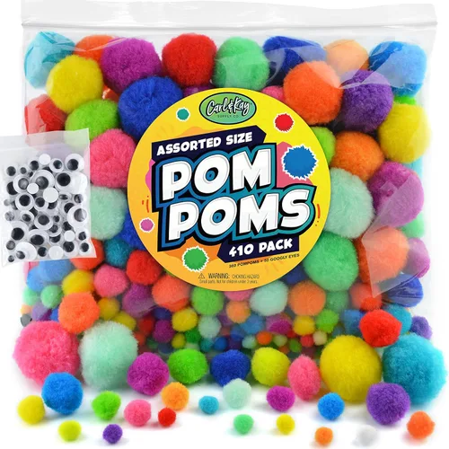410 unidades – Pompones Jumbo para suministros de manualidades – 360 pompones peludos de colores grandes y pequeños surtidos con 50 ojos saltones