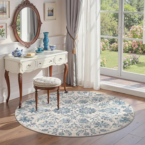 Miniatura 30 de jinchan Lima - Alfombra simétrica floral geométrica lavable, alfombra de entrada de medio círculo de 2 x 3, alfombra de media luna, suave y Azul