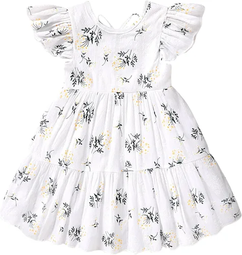Vestido bohemio de lino para niña pequeña, vestido casual sin mangas con volantes y estampado floral liso para verano y playa