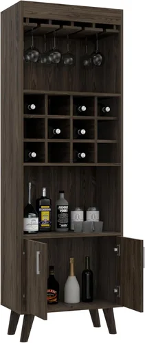 Miniatura 7 de FM FURNITURE Edessa - Armario de bar con 12 cubos de vino, 2 estantes abiertos, estante de vidrio y un gabinete de doble puerta, nogal oscuro