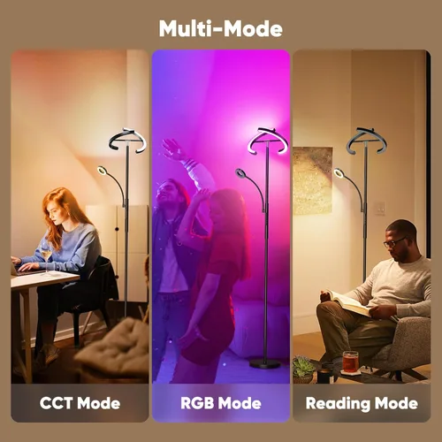 Miniatura 4 de SIBRILLE Lámpara de pie RGBCW mejorada de 36 W con anillo de lectura, lámpara de pie LED giratoria con control remoto, luz de pie regulable, luz