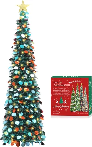 HMASYO Árbol de Navidad Pop Up de 5 Pies con Luces Temporizador, Árbol de Navidad Azul de Oropel, Árbol de Navidad Artificial Plegable Tipo Lápiz