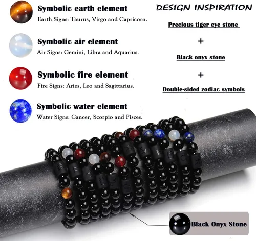 Miniatura 5 de VLINRAS - Pulsera de signo del zodiaco, para hombre y mujer, de 0.315 y 0.394 pulgadas, ónice negro natural, signo de estrella, constelación