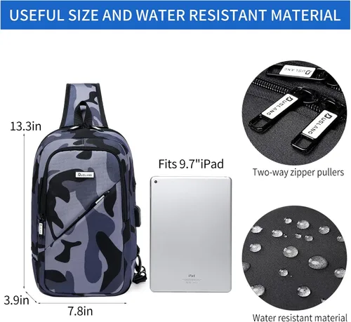 Miniatura 47 de DUSLANG Mochila de hombro para senderismo, bolsa cruzada para hombres, bolsas de pecho con puerto de cargador USB para campamento casual, ciclismo