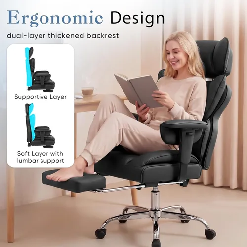 Miniatura 7 de DUMOS Silla de escritorio grande y alta para oficina en casa, silla de computadora para juegos, silla ergonómica ejecutiva con reposapiés, respaldo