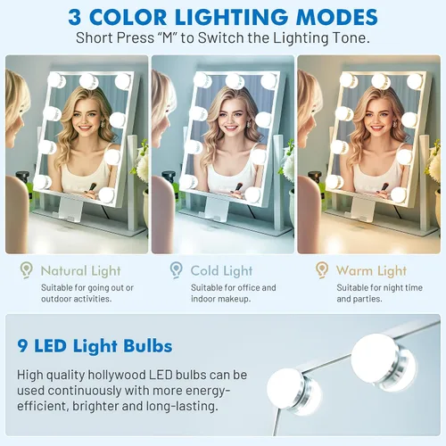 Miniatura 2 de Kottova Espejo de maquillaje con luces, espejo de tocador de 14 x 12 pulgadas, espejo de maquillaje iluminado con iluminación regulable de 3