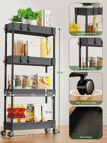 Miniatura 3 de LEHOM Carrito de almacenamiento delgado de 5.1 pulgadas, organizador de baño de 4 niveles, estantería móvil, carrito utilitario rodante, organizador