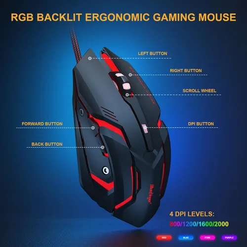 Miniatura 6 de BlueFinger Combo de teclado y mouse mecánicos para juegos 60% – Teclado RGB con retroiluminación arcoíris de 61 teclas con interruptor rojo y 4 DPI