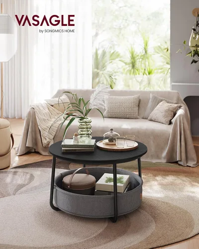 Miniatura 2 de VASAGLE Colección LILEA - Mesa de centro con almacenamiento, mesa redonda para sala de estar con cesta de tela, estilo moderno, marco de metal
