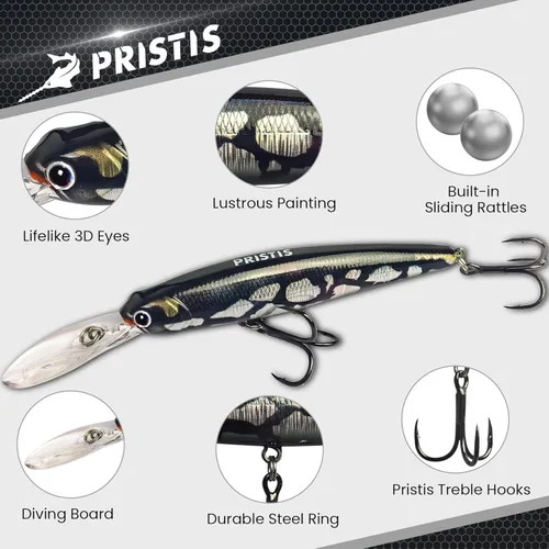 Miniatura 2 de Pristis Minnow - Señuelo de pesca, Crankbait de fundición larga con ganchos agudos afilados, juego de tapones de cebo duro de agua dulce de agua