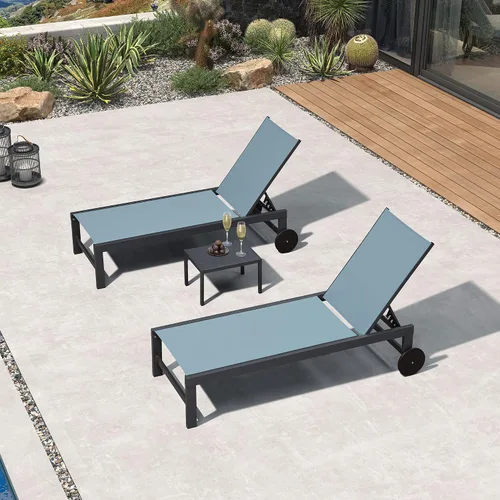 Miniatura 14 de PURPLE LEAF Juego de tumbonas para exteriores para 2 sillas de piscina de gran tamaño con ruedas fáciles de mover y respaldo ajustable, tumbonas