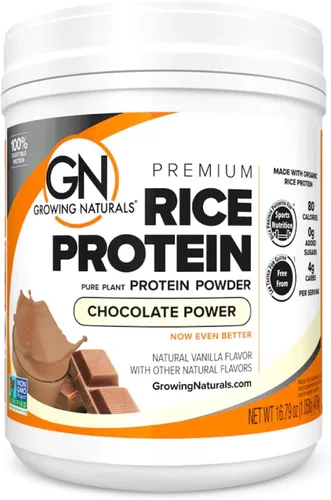 Growing Naturals Proteína orgánica de arroz en polvo, sabor a chocolate, sin OMG, vegano, 16.8 onzas