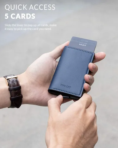 Miniatura 14 de VULKIT Tarjetero RFID Bloqueo de Cuero Automático Pop Up Cartera Aluminio Slim Pocket Tarjeta de Visita