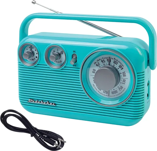 Miniatura 3 de Studebaker SB2003 Radio AM FM portátil retro Altavoz incorporado Alimentado por CA/batería Cable de entrada auxiliar (paquete) (Turquesa)