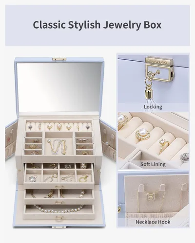 Miniatura 58 de Vlando Joyero de piel sintética, organizador mediano de joyería, regalo vintage para mujer, patrón de cruz rosa