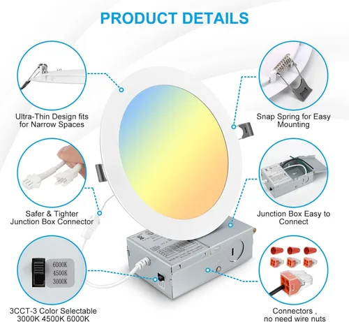 Miniatura 6 de Elaruslux Luz empotrada de 7 pulg 3CCT ultradelgada LED con caja de conexiones, 3000K/4500K/6000K seleccionables, 18W equivalen a 125W, luces
