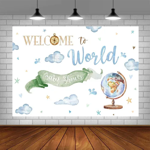 Miniatura 4 de Fondo de bienvenida al mundo de 7 x 5 pies, tema de aventura mundial, decoración de baby shower, fotografía en acuarela, fondo para sesión de fotos