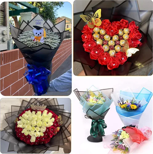 Miniatura 5 de VOWOVOSDAY 20 piezas de papel de regalo de flores con borde negro, papel de regalo impermeable para el día de San Valentín, 23 x 23 pulgadas
