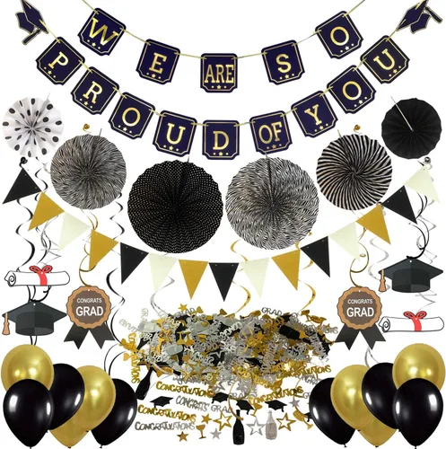 ZERODECO Decoraciones para graduación, cartel en negro y dorado, pompones de papel espirales colgantes, confeti de papel, guirnaldas y globos para