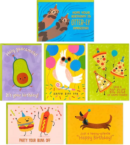 Hallmark - Juego de tarjetas de cumpleaños divertidas (24 tarjetas en blanco con sobres) Chistes de comida, perro, pájaro, nutrias