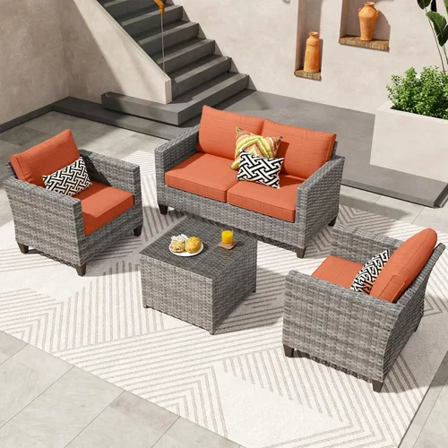 Miniatura 36 de ovios Juego de muebles de patio de 6 piezas, sillas giratorias de mimbre para exteriores con mesa para fogatas de 30 pulgadas, juego de mecedoras