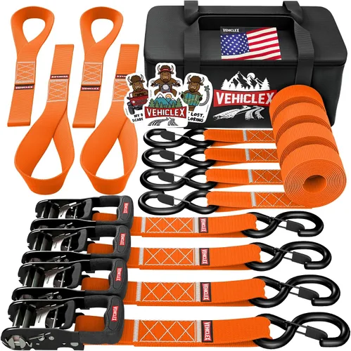 Miniatura 8 de Vehiclex Correas de amarre de trinquete para motocicleta con bucles suaves - 4PK Kit de servicio pesado de 1.5" x 8ft, resistencia de rotura de Negro