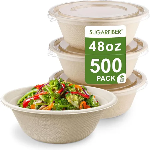 Miniatura 12 de [500 SET]Harvest Pack 32 oz Round Compostable Bowls with Flat Lids, Heavy-Duty Eco-Friendly Disposable Bagasse Paper Bowl for Meal Prep, Made of