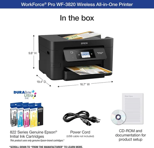 Miniatura 3 de Epson Workforce Pro WF-3820 Impresora inalámbrica todo en uno, impresión automática de 2 caras ADF de 35 páginas, bandeja de papel de 250 hojas