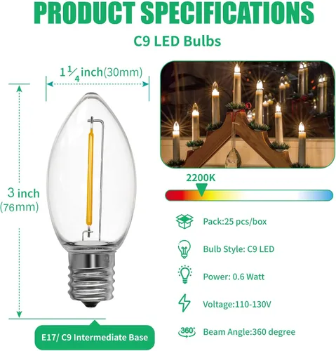 Miniatura 2 de Meconard Bombilla LED C9 de repuesto de Navidad, paquete de 25 bombillas LED C9 inastillables para luces de Navidad al aire libre, base intermedia