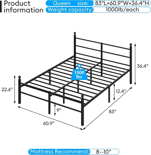 Miniatura 2 de Base de cama tamaño Queen con cabecero, plataforma de metal con luces LED, estación de carga, almacenamiento debajo de la cama y soporte de listones
