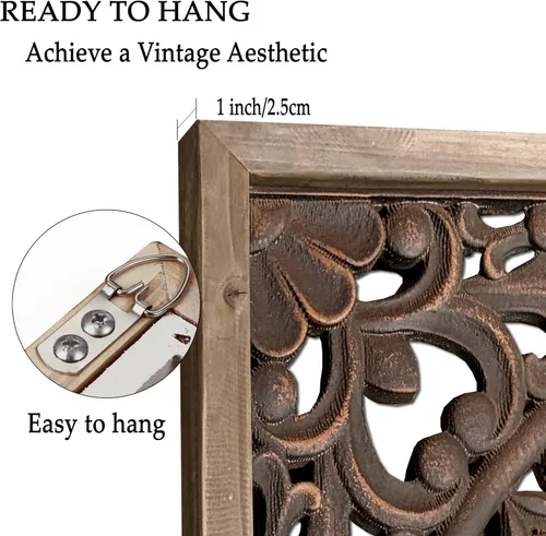 Miniatura 5 de XIAOAIKA Escultura de pared de madera tallada bohemia, intrincado diseño floral de mandala con acabado marrón envejecido, panel de arte de pared