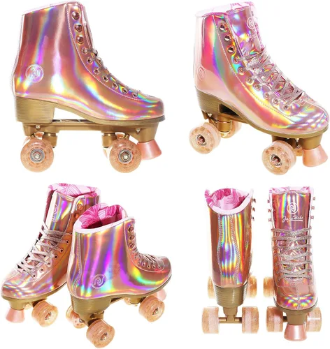 Miniatura 6 de JajaHoho Patines de ruedas para mujer, patines de cuero PU holográficos de alta calidad, patines brillantes de doble fila con cuatro ruedas para Oro