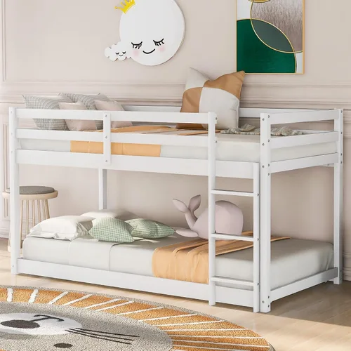 Miniatura 12 de Litera de tamaño individual sobre individual, litera de piso con escalera, barandillas de seguridad, literas de madera para camas individuales