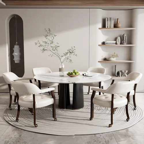 Miniatura 59 de Juego de 8 sillas de cuero de comedor con ruedas y brazos, silla de capitán Accent con ruedas, sillas de madera con ruedas enrollables para cocina
