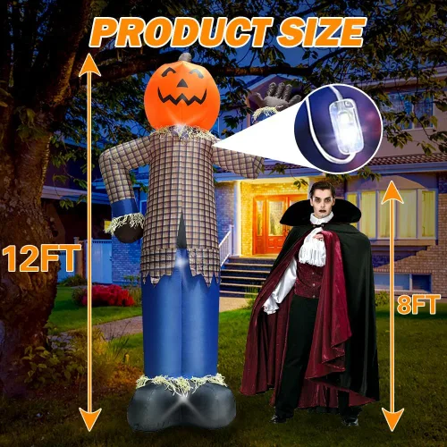 Miniatura 2 de Decoración inflable de calabaza de espantapájaros de Halloween, 12 pies, decoración inflable gigante de Halloween con luces LED, inflables