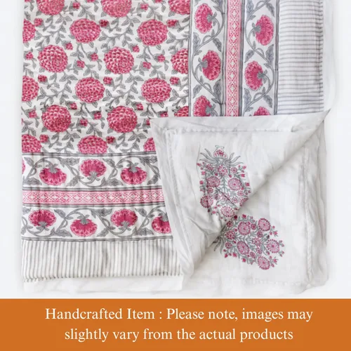 Miniatura 2 de Saffron Marigold Manta acolchada reversible rosa, tamaño Queen, hecha a mano, con estampado de dalia Daydreams de algodón Jaipuri Razai, colcha