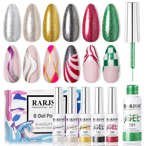 RARJSM Juego de esmaltes de uñas de gel de pintura metálica, negro, plateado, dorado, verde, rosa, negro, brillantina, efecto platino, 6 piezas, Set
