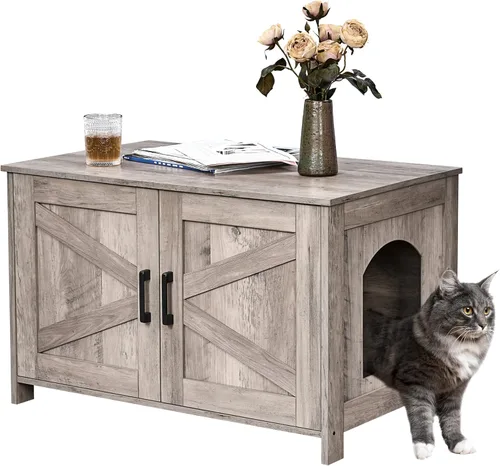 Miniatura 15 de Caja de arena para gatos Homhedy, mueble de baño de madera para gatos con puerta de granero, casa para mascotas, se adapta a la mayoría de las cajas
