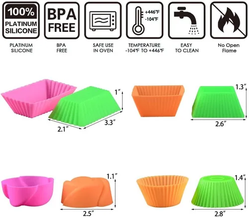 Miniatura 2 de Moldes de silicona para hornear cupcakes, 24 moldes de silicona reutilizables, incluyendo redondo, rectanguar, cuadrado, flor de silicona de grado