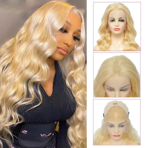 Miniatura 5 de Peluca de cabello humano con encaje frontal de onda corporal, rubio 613, brasileña 13x4, peluca frontal de encaje rubio de 200 densidad, nudos Rubio