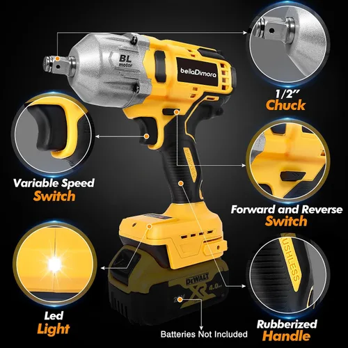 Miniatura 7 de Llave de impacto inalámbrica bellaDimora compatible con batería Dewalt de 20 V Brushless Motor, Auto-Stop Reverse, LED Light, 32-Piece Kit, Tire
