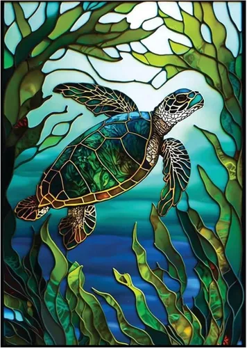 KTHOFCY Kits de pintura de diamantes DIY 5D para adultos y niños, diseño de tortuga marina de vidrio emplomado, taladro completo, bordado de punto